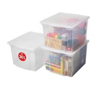 Iris Ohyama, Boite de Rangement avec Couvercle, 30L, Lot de 3, Transparent, Fermeture Facile, Empilables, en Plastique, pour Dressing, Étagères, Garage, Organisation, Vêtements, USB-M