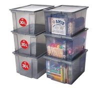 Iris Ohyama, Boite de Rangement avec Couvercle, 30L, Lot de 6, Gris, Fermeture Facile, Empilables, en Plastique Transparent, pour Dressing, Étagères, Garage, Organisation, Vêtements, USB-M
