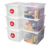 Iris Ohyama, Boîtes de rangement plastique avec couvercles de 30L, Lot de 6 grandes boites empilables, Sans BPA, Buanderie, Bureau, USB-M, Transparent - L42 x P35.5 x H26.5 cm