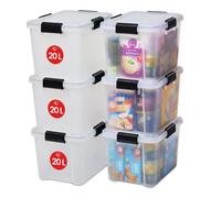 Iris Ohyama, Boite Rangement Hermétique, 20L, Lot de 6, Transparent, Couvercle avec Joint Etanche, 4 Clips de Fermeture, Empilable, pour Exterieur, Garage, Vetement, Anti Poussiere, Sans BPA, AT-SD