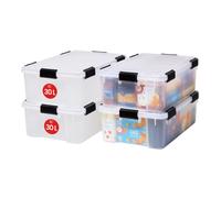 Iris Ohyama, Boite Rangement Hermétique, 30L, Lot de 4, Transparent, Couvercle avec Joint Etanche, 6 Clips de Fermeture, Empilable, pour Exterieur, Garage, Vetement, Anti Poussiere, Sans BPA, AT-LS