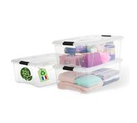 Iris Ohyama, Boite Rangement Plastique avec Couvercle, 32L, Lot de 3, Transparent, 98% en Plastique Recyclé, Clips de Fermeture, Poignée, Empilable, pour Chambre, Dressing, Bureau, Sans BPA, BSB-32