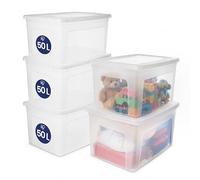 Iris Ohyama, Boite de Rangement Multi-Usages, 50L, Lot de 5, Fermeture Facile, Empilable, en Plastique Transparent, pour Vêtement, Étagères, École, Organisation, Jouet, Papeterie, Chaussures, MCB-50