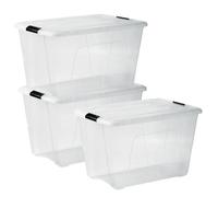 Iris Ohyama, Boite Rangement Plastique avec Couvercle, 60L, Lot de 3, Transparent, Clips de Fermeture, Poignée, Empilable, pour Chambre, Dressing, Bureau, Sans BPA, Caisse de Rangement, Bac, NTB-60