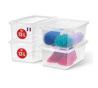 Iris Ohyama, Boite de Rangement Plastique Multi-Usages, 13L, Lot de 4, Transparent, Fermeture Facile, Empilable, pour Chambre, Cuisine, Bureau, Salle de Bain, Vêtement, Jouet, Sans BPA, CNL-13E