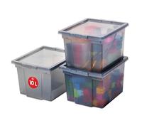 Iris Ohyama, Boite de Rangement Polyvalente, 10L, Lot de 3, Gris, Fermeture Facile, Empilables, en Plastique, pour Dressing, Étagères, École, Organisation, Jouet, Papeterie, Chaussures, USB-S