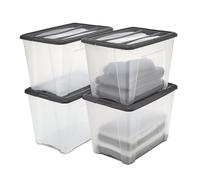 Iris Ohyama, Boite Rangement Plastique avec Couvercle, 60L, Lot de 4, Noir, Clips de Fermeture, Poignée,Empilable, Organisation Solide & Durable, pour Chambre, Dressing, Bureau, NTB-60