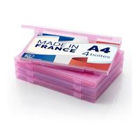 Iris Ohyama, Boite Rangement Bureau, Boite de Classement, Set de 4, Rose, Capacité de 150 feuilles A4 chacune, Empilable avec Poignée et Fermeture Sécurisée, Sans BPA, Dossier, Chemise, PJC-A4