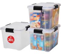 Iris Ohyama, Boite Rangement Hermétique, 20L, Lot de 3, Transparent, Couvercle avec Joint Etanche, 4 Clips de Fermeture, Empilable, pour Exterieur, Garage, Vetement, Anti Poussiere, Sans BPA, AT-SD