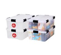 Iris Ohyama, Boite Rangement Hermétique, 30L, Lot de 4, Transparent, Couvercle avec Joint Etanche, 6 Clips de Fermeture, Empilable, pour Exterieur, Garage, Vetement, Anti Poussiere, Sans BPA, AT-LS