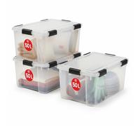 Iris Ohyama, Boite Rangement Hermétique, 50L, Lot de 3, Transparent, Couvercle avec Joint Etanche, 6 Clips de Fermeture, Empilable, pour Exterieur, Garage, Vetement, Anti Poussiere, Sans BPA, AT-L