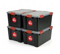 Iris Ohyama, Boite Rangement Hermétique, 50L, Lot de 4, Noir, Couvercle avec Joint Etanche, 6 Clips de Fermeture, Empilable, pour Exterieur, Garage, Vetement, Anti Poussiere, Sans BPA, AT-L
