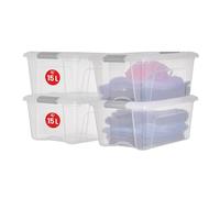 Iris Ohyama, Boite Rangement Plastique avec Couvercle, 15L, Lot de 4, Argent, Clips de Fermeture, Empilable, Organisation, Bureau, Sans BPA, Caisse Rangement Plastique, Bac, NTB-15