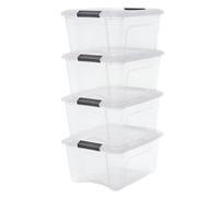Iris Ohyama, Boite Rangement Plastique avec Couvercle, 15L, Lot de 4, Transparent, 100% en Plastique Recyclé, Clips de Fermeture, Poignée, Empilable, pour Chambre, Dressing, Bureau, Sans BPA, NTB-15
