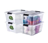 Iris Ohyama, Boite Rangement Plastique avec Couvercle, 15L, Lot de 4, Transparent, 100% en Plastique Recyclé, Clips de Fermeture, Poignée, Empilable, pour Chambre, Dressing, Bureau, Sans BPA, NTB-15