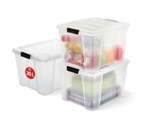 Iris Ohyama, Boite Rangement Plastique avec Couvercle, 30L, Lot de 3, Transparent, Clips de Fermeture, Poignée, Empilable, pour Chambre, Dressing, Bureau, Sans BPA, Caisse de Rangement, Bac, HB-30