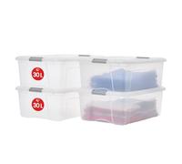 Iris Ohyama, Boite Rangement Plastique avec Couvercle, 30L, Lotde 4, Argent, Clips de Fermeture, Poignée,Empilable, Organisation Solide & Durable, pour Chambre, Dressing, Bureau,NTB-30
