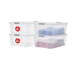 Iris Ohyama, Boite Rangement Plastique avec Couvercle, 30L, Lot de 4, Argent, Clips de Fermeture, Poignée,Empilable, Organisation Solide & Durable, pour Chambre, Dressing, Bureau,NTB-30