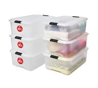 Iris Ohyama, Boite Rangement Plastique avec Couvercle, 30L, Lot de 6, Transparent, Clips de Fermeture, Poignées, Empilable, Portable, Solide & Durable, Pour Dressing, Garage, Chambre, Bureau, TB-30