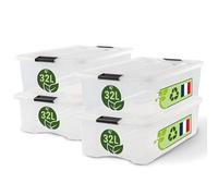 Iris Ohyama, Boite Rangement Plastique avec Couvercle, 32L, Lot de 4, Transparent, Clips de Fermeture, Poignée, Empilable, Organisation Solide et Durable, pour Chambre, Dressing, Bureau, BSB-32