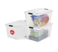 Iris Ohyama, Boite Rangement Plastique avec Couvercle, 45L, Lot de 3, Transparent, Clips de Fermeture, Poignée, Empilable, pour Chambre, Dressing, Bureau, Sans BPA, Caisse de Rangement, Bac, NTB-45