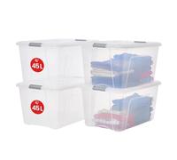 Iris Ohyama, Boite Rangement Plastique avec Couvercle, 45L, Lot de 4, Argent, Clips de Fermeture, Poignée,Empilable, Organisation Solide et Durable, pour Chambre, Dressing, Bureau, NTB-45