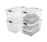 Iris Ohyama, Boite Rangement Plastique avec Couvercle, 45L, Lot de 4, Transparent, Clips de Fermeture, Poignée, Empilable, Organisation Solide & Durable, pour Chambre, Dressing, Bureau, DDNTB-45
