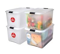 Iris Ohyama, Boite Rangement Plastique avec Couvercle, 45L, Lot de 4, Transparent, Clips de Fermeture, Poignée, Empilable, Portable, Solide & Durable, pour Dressing, Garage, Chambre, Bureau, TB-45