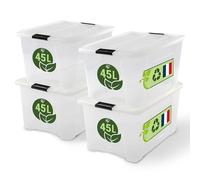 Iris Ohyama, Boite Rangement Plastique avec Couvercle, 45L, Lot de 4, Transparent, Clips de Fermeture, Poignée, Empilable, Organisation Solide et Durable, pour Chambre, Dressing, Bureau, BSB-45