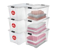 Iris Ohyama, Boite Rangement Plastique avec Couvercle, 45L, Lot de 6, Transparent, Clips de Fermeture, Poignée, Empilable, Organisation Solide & Durable, pour Chambre, Dressing, Bureau, NTB-45