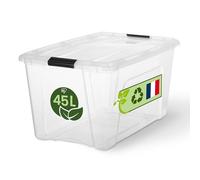 Iris Ohyama, Boite Rangement Plastique avec Couvercle, 45L, Transparent, Clips de Fermeture, Poignée, Empilable, Organisation Solide et Durable, pour Chambre, Dressing, Bureau, BSB-45