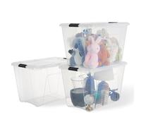 Iris Ohyama, Boite Rangement Plastique avec Couvercle, 55L, Lot de 3, Transparent, 98% en Plastique Recy lips de Fermeture, Poignée, Empilable, pour Chambre, Dressing, Bureau, Sans BPA, BSB-55