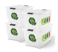 Iris Ohyama, Boite Rangement Plastique avec Couvercle, 55L, Lot de 4, Transparent, Clips de Fermeture, Poignée, Empilable, Organisation Solide et Durable, pour Chambre, Dressing, Bureau, BSB-55