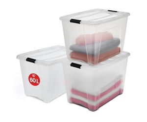 Iris Ohyama, Boite Rangement Plastique avec Couvercle, 60L, Lot de 3, Transparent, Clips de Fermeture, Poignée, Empilable, pour Chambre, Dressing, Bureau, Sans BPA, Caisse de Rangement, Bac, NTB-60