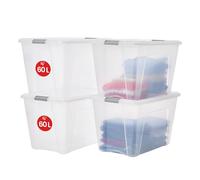 Iris Ohyama, Boite Rangement Plastique avec Couvercle, 60L, Lot de 4, Argent, Clips de Fermeture, Poignée,Empilable, Organisation Solide & Durable, pour Chambre, Dressing, Bureau, NTB-60