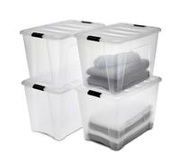 Iris Ohyama, Boite Rangement Plastique avec Couvercle, 60L, Lot de 4, Transparent, Clips de Fermeture, Poignée, Empilable, Organisation Solide & Durable, pour Chambre, Dressing, Bureau, DDNTB-60