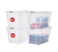 Iris Ohyama, Boite Rangement Plastique avec Couvercle, 60L, Lot de 4, Argent, Clips de Fermeture, Poignée,Empilable, Organisation Solide & Durable, pour Chambre, Dressing, Bureau, NTB-60