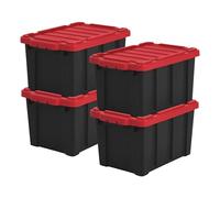 Iris Ohyama, Caisse Rangement avec Couvercle Robuste, 21L, Lot de 4, Rouge, Compact, Durable, Empilable, pour Garage, Etagères, Déménagement, Plastique, Boite a Outils, Bac de Rangement, DDSKT-210