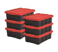 Iris Ohyama, Caisse Rangement avec Couvercle Robuste, 25L, Lot de 6, Rouge, Compact, Durable, Empilable, pour Garage, Etagères, Déménagement, Plastique, Boite a Outils, Bac de Rangement, DDSKT-230