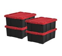 Iris Ohyama, Caisse Rangement avec Couvercle Robuste, 43L, Lot de 4, Rouge, Compact, Durable, Empilable, pour Garage, Etagères, Déménagement, Plastique, Boite a Outils, Bac de Rangement, DDSKT-430