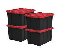 Iris Ohyama, Caisse Rangement avec Couvercle Robuste, 68L, Lot de 4, Rouge, Compact, Durable, Empilable, pour Garage, Etagères, Déménagement, Plastique, Boite a Outils, Bac de Rangement, DDSKT-700