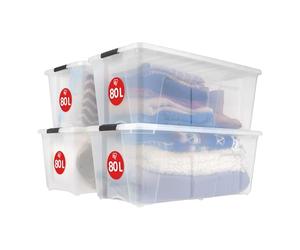 Iris Ohyama, Grande Boite Rangement Plastique avec Couvercle, 80L, Lot de 4, Transparent, Clips de Fermeture, Poignée, Empilable, Portable, Solide & Durable, pour Literie, Dressing, Chambre, TB-84D