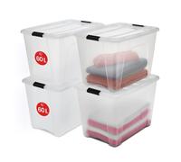 Iris Ohyama, Boite Rangement Plastique avec Couvercle, 60L, Lot de 4, Transparent, Clips de Fermeture, Poignée, Empilable, Organisation Solide & Durable, pour Chambre, Dressing, Bureau, NTB-60