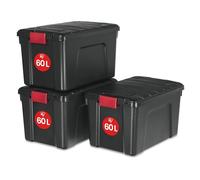Iris Ohyama, Malle, Boîtes de rangement plastiques, avec couvercle et Cips de fermeture, 60L, Lot de 3, Empilables, Roues, Sans BPA, Grenier, Cabanon, Garage, SIA-60, Noir