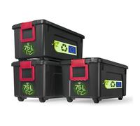 Iris Ohyama, Malle, Boîtes de rangement plastiques, avec couvercle et Cips de fermeture, 75L, Lot de 3, Empilables, Roues, Sans BPA, Grenier, Cabanon, Garage, SIA-75, Noir
