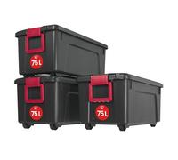 Iris Ohyama, Malle, Boîtes de rangement plastiques, avec couvercle et Cips de fermeture, 75L, Lot de 3, Empilables, Roues, Sans BPA, Grenier, Cabanon, Garage, SIA-75, Noir