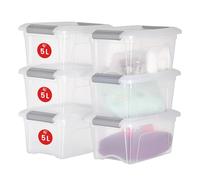 Iris Ohyama, Petite Boite Rangement Plastique avec Couvercle, 5L, Lot de 6, Argent, Clips de Fermeture, Poignée, Empilable, Organisation Solide et Durable, pour Chambre, Dressing, Bureau, NTB-5