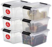 Iris Ohyama, Petite Boite Rangement Plastique avec Couvercle, 5L, Lot de 6, Transparent, Clips de Fermeture, Poignée, Empilable, Organisation Solide & Durable, pour Chambre, Dressing, Bureau, NTB-5