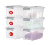 Iris Ohyama, Petite Boite Rangement Plastique avec Couvercle, 5L, Lot de 6, Argent, Clips de Fermeture, Poignée, Empilable, Organisation Solide & Durable, pour Chambre, Dressing, Bureau, NTB-5