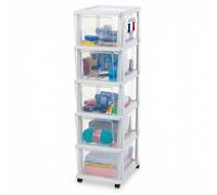 Iris Ohyama, Tour de Rangement Plastique à Roulettes, 5 Grands Tiroirs, Blanc, Ouverture Facile, Rangement, pour Salle de Bain, Chambre, Caisson, Organisateur, Sans BPA, KMC-305